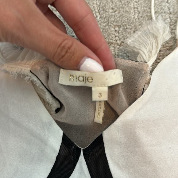 Maje white silk blend mini dress black mesh  accent flutter sleeve sleeveless - Picture 6 of 9